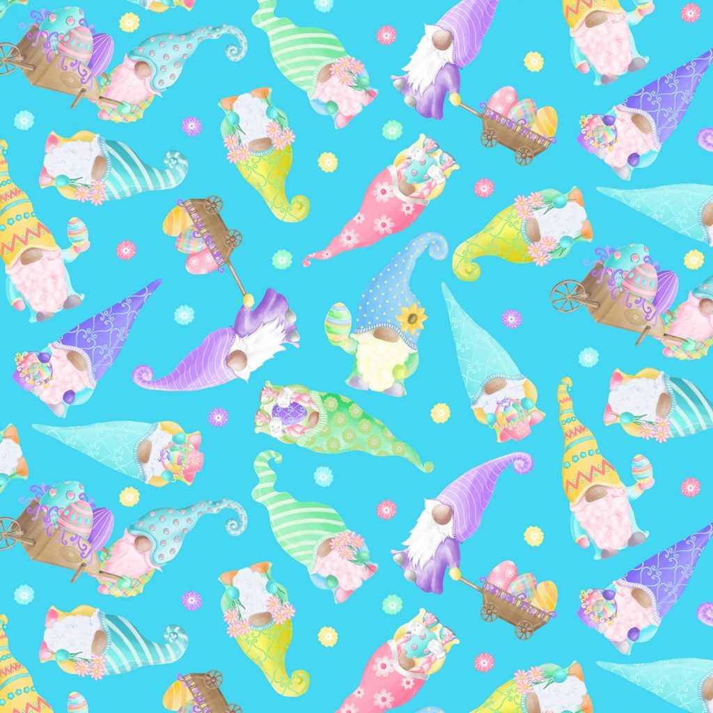 Turquoise Tossed Garden Gnomes Cotton Fabric