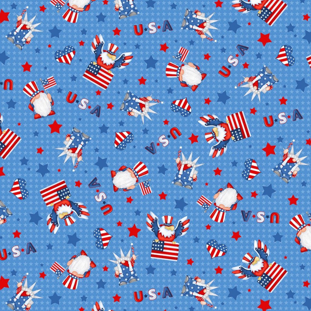 Blue Tossed Gnomes and Flags Cotton Fabric