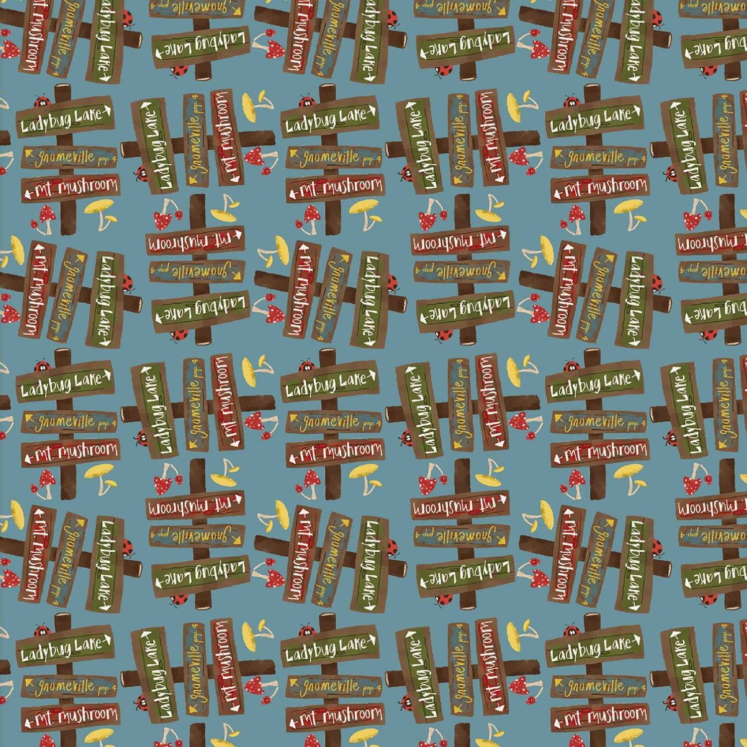 Blue Gnomeville Signs Cotton Fabric - Image 1