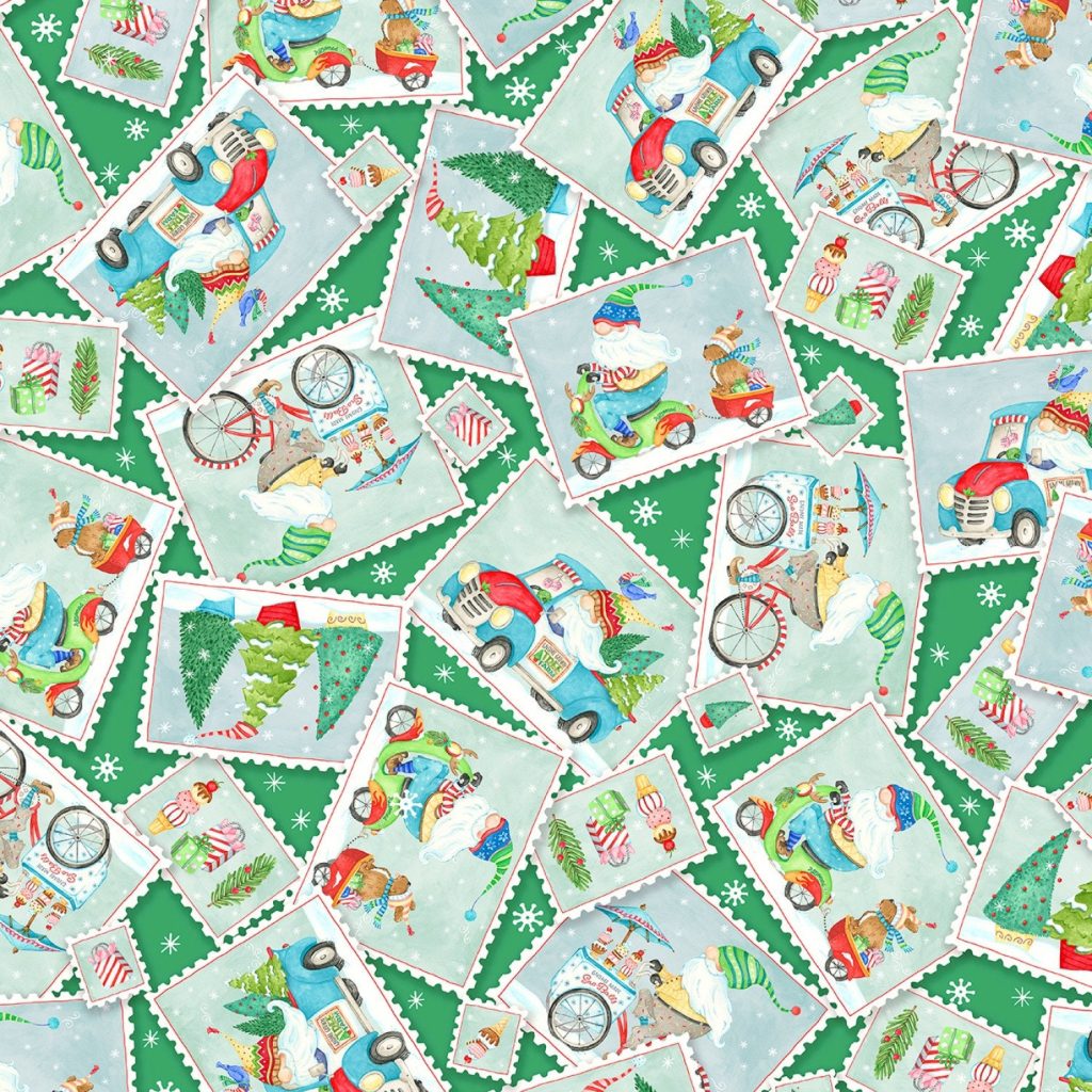 FINAL YARDAGE Postcard Toss Christmas Gnomes Cotton Fabric
