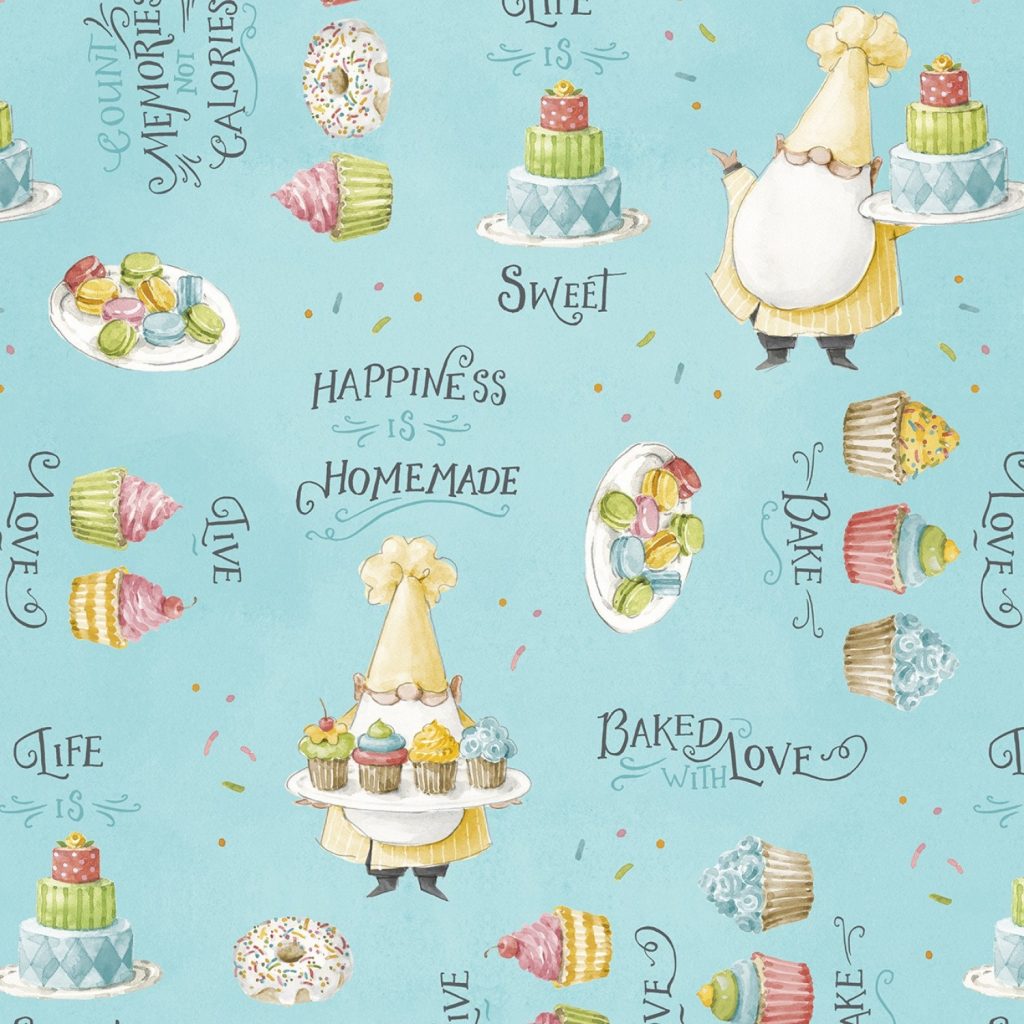 Sweet Little Pleasures Teal Words Gnome Baking Cotton Fabric