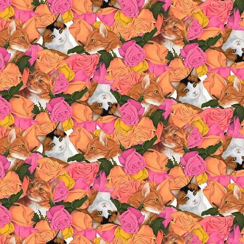 Cats and Roses Cotton Fabric