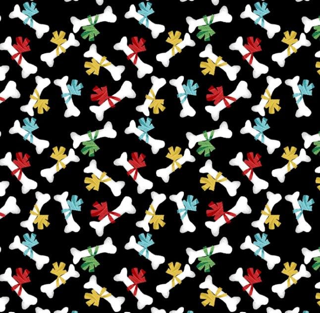 Black Bones with Bows Cotton Fabric