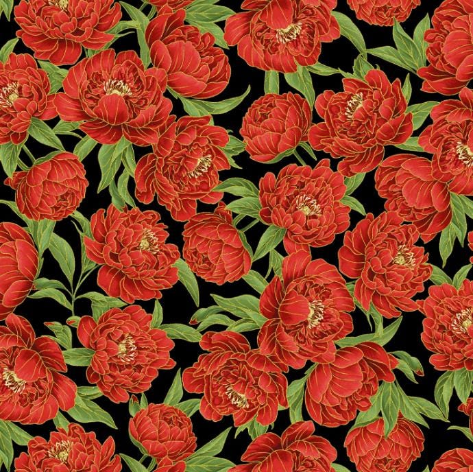 Black Metallic Peony Floral Cotton Fabric