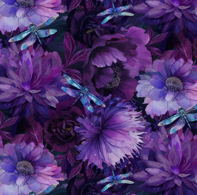 Purple Floral Dragonfly 100% quilting cotton fabric 108" wideback