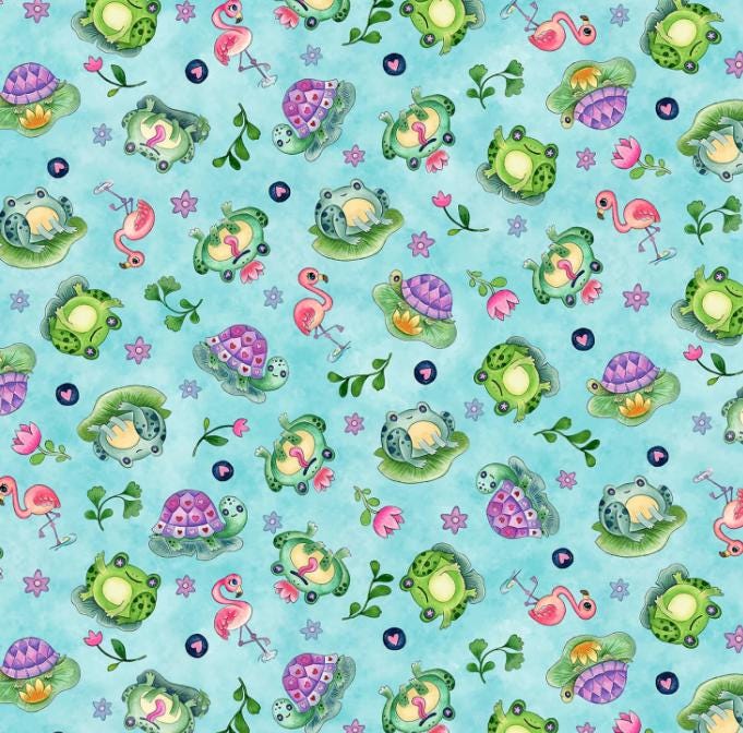 Pondside Pals Tossed Cute Frog Flamingo Turtle 100% cotton fabric by the yard