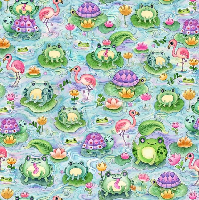 Pondside Pals Allover Cute Frog Flamingo Turtle 100% cotton fabric by the yard